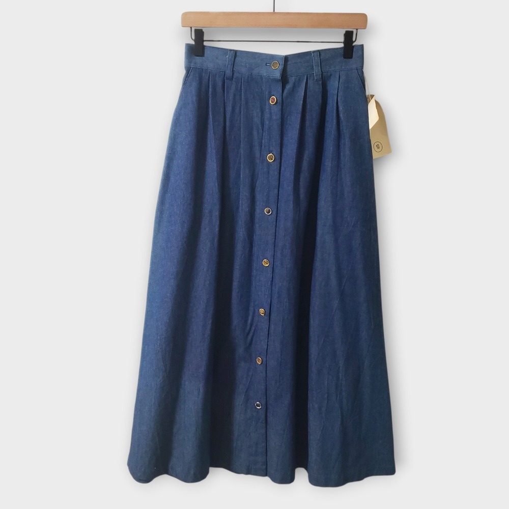 VTG City Girl Sport Denim Maxi Skirt Blue Button Front Pleated USA Made 10 NWT
